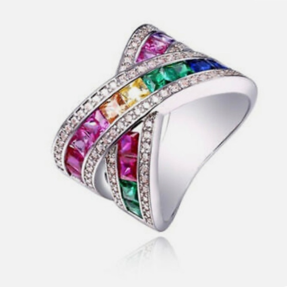Multi-color Gemstones- Cubic Zirconia 925 Silver Ring - Picture 5 of 6